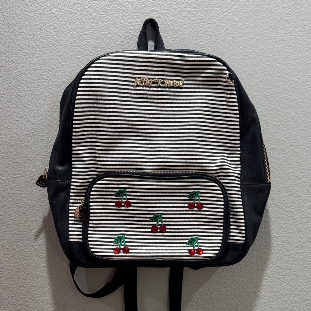 🖤🍒 Betsey Johnson Black & White Striped Backpack w/ Cherries & Floral Interior